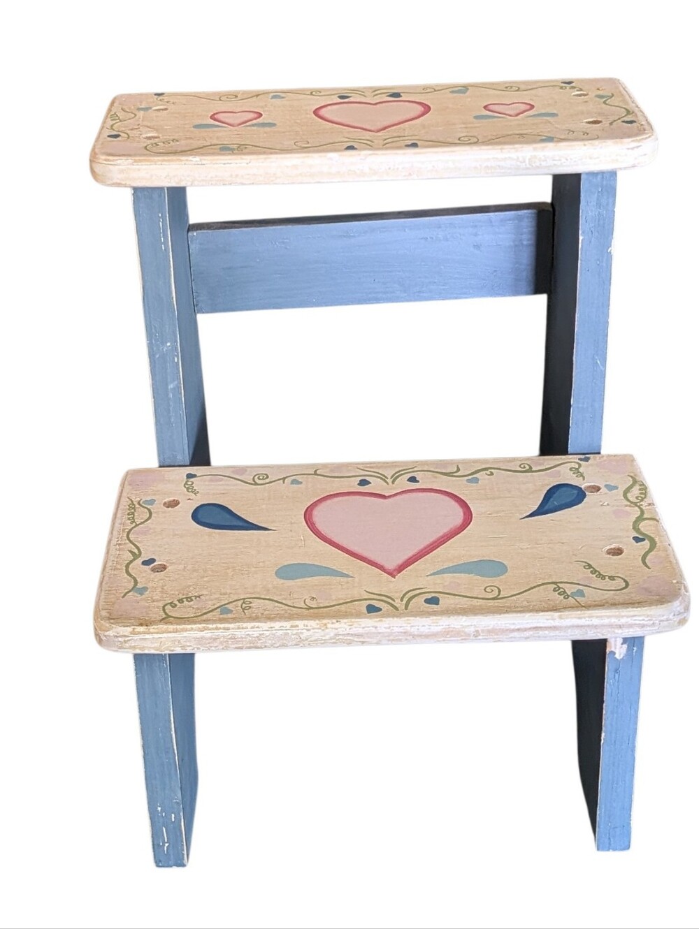 Vintage Hand-Painted Heart Step Stool in Blue & Cream 2 Step Cottagecore Grandma